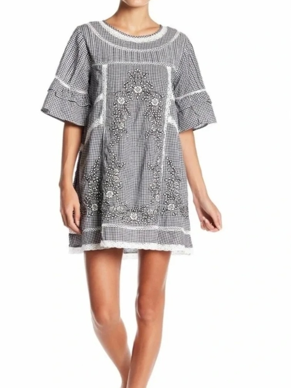 Free People Sunny Day Black & White Gingham Embroidered Mini Dress Sz Lg